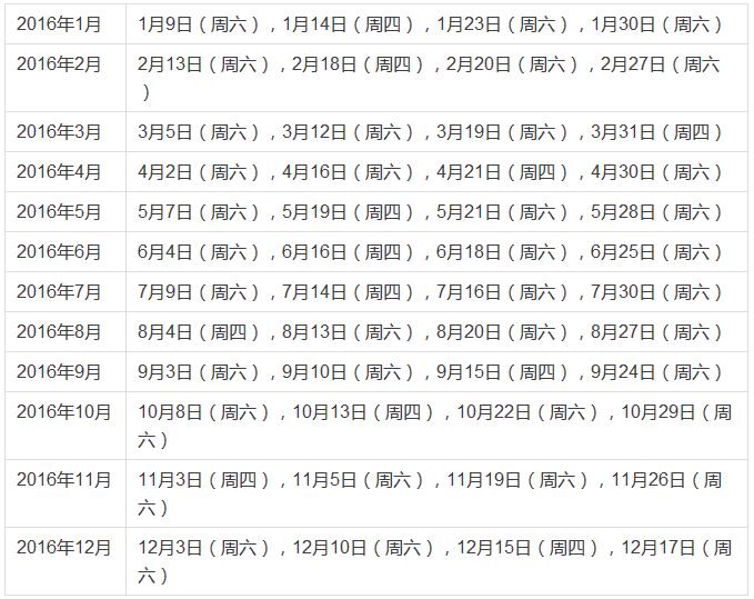 2016年雅思考试时间表