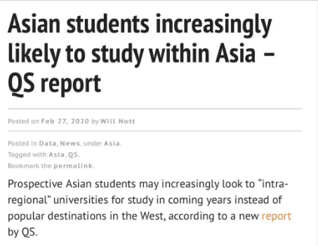QS报告：数据显示越来越多亚洲留学生未来或许更倾向“就近留学”
