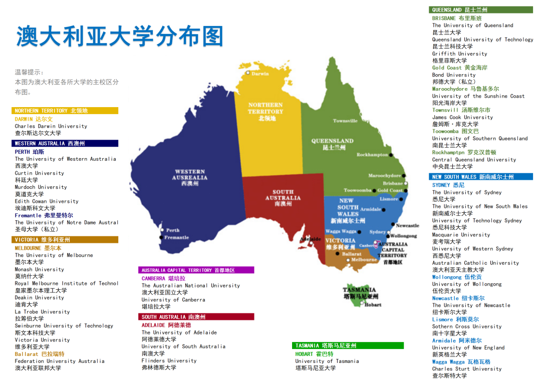 澳洲留学 | 1张图带你了解澳洲大学地理位置。澳大利亚各个州有哪些大学？