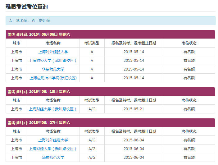 2015年6月份上海雅思考位