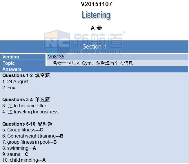 2015年11月7日雅思机经回忆——A卷听力