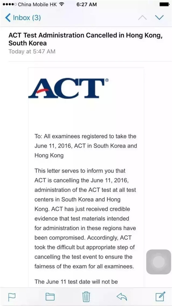 ACT临时取消韩国香港考试