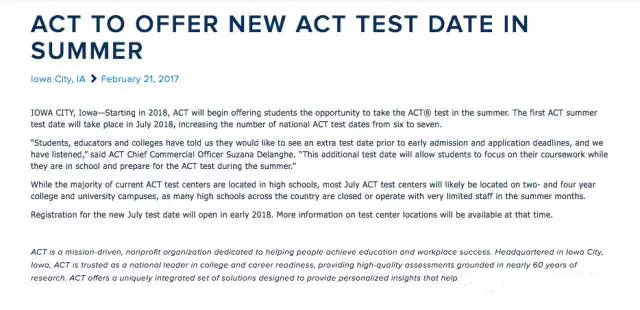 所谓的此消彼长就是SAT减考，ACT增考！ACT自2018起新增7月考试